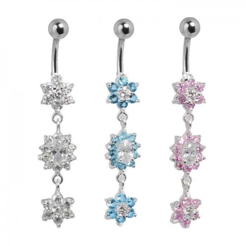 Sterling Silver Triple Jewelled Flower Navel Bar (SB102)